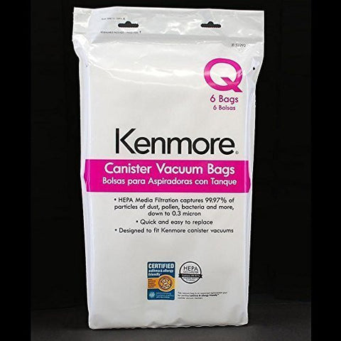 Kenmore Type Q/C Vacuum Bags Hepa for Canister Vacuums 6 Pk Media Filtration Synthetic